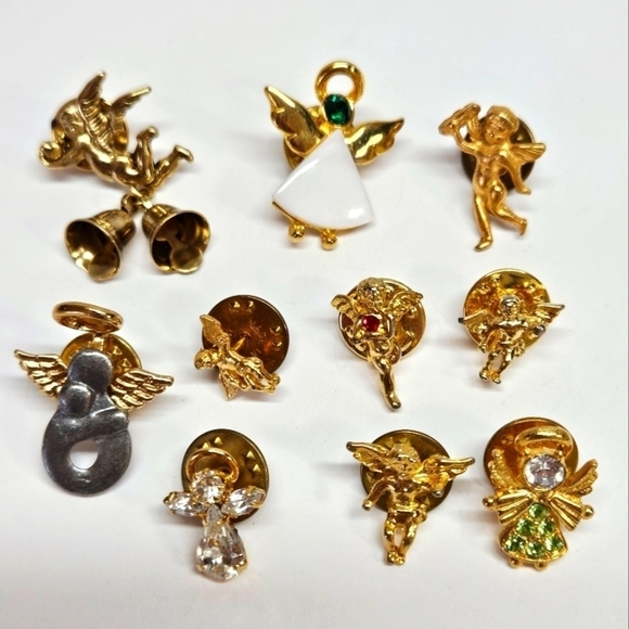 VINTAGE Angel Scatter Pin Lot of 10 Gold Tone Rhinestones Enamel Religious - Picture 1 of 5